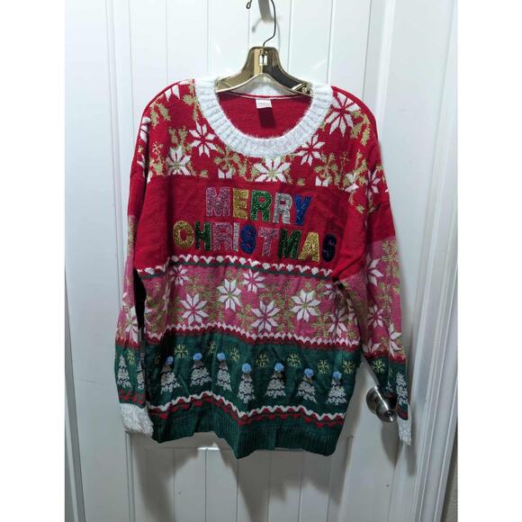 Holiday Time Women's Ugly Merry Christmas Sweater Size 1X 16W-18W Snowflakes - Picture 2 of 10